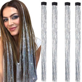 QIUMING 4 Pieces Glitter Strands Hair Extensions Tinsel Hair Extensions Glitter Tinsel Hair Extensions Hair Tinsel Hair Tinsel Strands Hair for Women Party Cosplay Accessories (Silver)