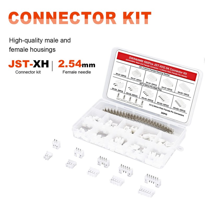 Kit de conectores JST XH2.54 de 460 unidades, 2/3/4/5/6 pines