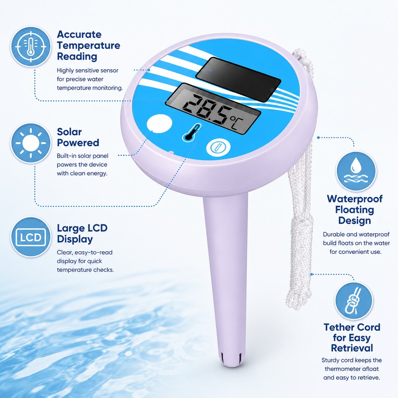 Solar Floating Pool Thermometer for Swimming – Waterproof LCD Temperature