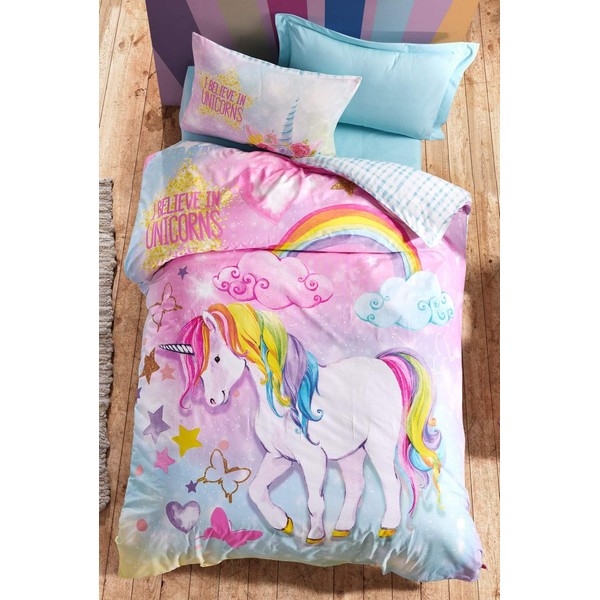 OZINCI 100% Cotton Unicorn Bedding Set, I Believe in Unicorns Themed Single/Twin Size Duvet Cover Set, Girls Bed Set Kids Bedroom, Comforter Included (4 Pieces)