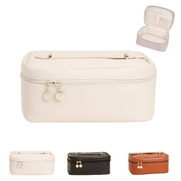 Alouweekuky Cosmetic Bag Women's Travel Waterproof Make Up Bag with Zip PU Leather Toiletry Bag Large Cosmetic Organiser Bag Gifts for Women, White, Fashion
