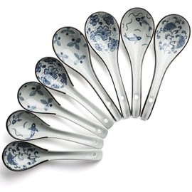 Chinese Soup Spoons Set of 8 Ceramic Spoons for Ramen Miso Soup Dumplings Pho Tablespoons (8, S4+M4)