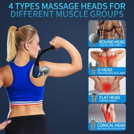 Massage Gun with Upgraded Extended Handle, Cordless Back and Shoulder Massager with 4 Massage Heads and LCD Screen, Handheld Percussion Massager for Neck Legs,Best Gifts for Men,Women,Mom & Dad (A)