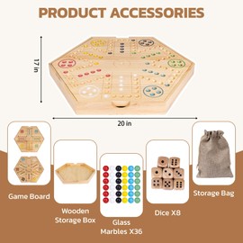 20 inch Wahoo Board Game,2 in 1 Marble Board Game with Storage Function,Wooden Fast Track Game Suitable for 4 or 6 Players,with 36 Glass Marbles,8 Dice,Storage Bag and Instruction Manual