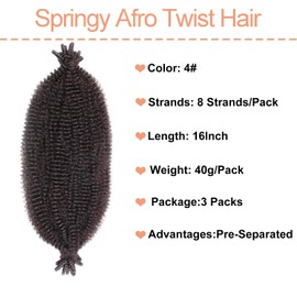 Mscat 40,6 cm vorgetrennte, federnde Afro-Twist-Haarverlängerungen, Kunsthaarverlängerungen, 3 Packungen, Marley Twist Crochet Braiding (8 Strähnen/Packung, 4#)