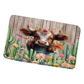 Farmhouse Highland Cow Bath Mats Western Spring Rustic Funny Calf Country Bull Animal Wood Tropical Cactus Floral Flower Plant Botanical Bathroom Rugs Bedroom Kitchen Toilet Floor Decor 17.8x29.5 in