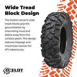 Ocelot Lancer ATV/UTV Tires for Recreational Riders & Racers, Lightweight & Durable 6-Ply Bias Construction ATV Tires, Wide Footprint 4 Wheeler Tire w/Large Shoulder Lugs, 26 x 9-12 ATV Tire