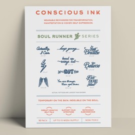 Conscious Ink, Temporary Tattoos, Inspirational, Mindfulness Tools, Long Lasting, Non-Toxic, Waterproof, Cruelty-Free, Made in USA, 1 Soul Runner Athletic Performance Kit