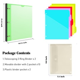 INFUN Telescoping Project Organizer Binder-2PCS,13 Pocket 1 Inch 3-Ring Binder with Customizable Front Cover, 5 Colors Pocket Divider and Plastic Binder Pocket，225 Sheet Capacity-Green