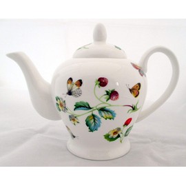 Fromeuropewithlove Strawberries & Butterflies Teapot Fine Bone China 20oz Teapot Hand Decorated in UK