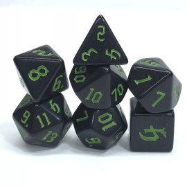 HD Dice New 7 Piece Polyhedral Opaque Black w/ Green Gothic Font Dice Set and Dice Bag