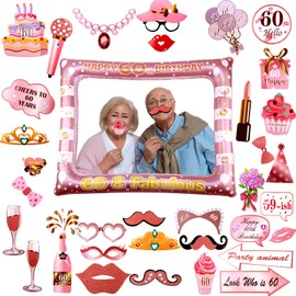 ORUZA 60th Birthday Photo Props, 33 Pieces Pink Photo Booth Props Decoration Accessories, Birthday Accessories for Birthday Party Funny Party Props Selfie Props Birthday Decoration