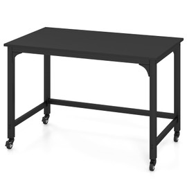 COSTWAY 48” Mobile Computer Desk, Home Office Desk on Wheels, Simple Study Writing Table with 4 Lockable Wheels, Metal Frame, Rolling Laptop PC Table for Small Space (Black)