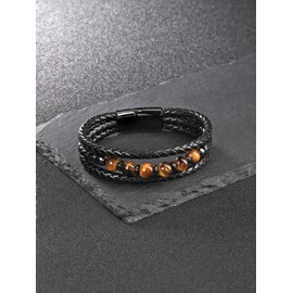 Jovivi Mens Leather Beads Bracelets 8mm Natural Tiger Eye Stone Beaded Multilayer Braided Leather Cuff Bracelets with Stainless Steel Clasp Protection Jewelry Gifts for Him