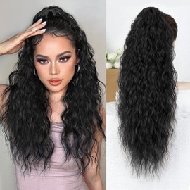 ALXNAN Claw Clip Ponytail,26 Inch Black Ponytail Extension for Women Synthetic Long Curly Wavy Clip in Ponytail Hair Extensions Synthetic Hairpiece for Daily Party Use