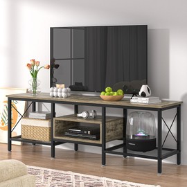 VECELO Industrial TV Stand for 75 Inch Television Cabinet 3-Tier Console with Open Storage Shelves, Entertainment Center Metal Frame for Living Room, Bedroom, 70 Inch, Light Grey