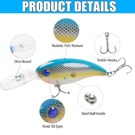 JSHANMEI Crankbaits Fishing Lures 8 Pcs,Floating Fishing Bait,Hard Baits Treble Hooks 3D Lifelike Eyes with Tackle Box,Freshwater Saltwater Fishing Lures for Bass Trout Walleye Pike Catfish