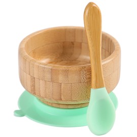 Baby Bamboo Bowls with Suction and Matching Spoon Set - 2PC Feeding Supplies Set for Infant, Toddlers - Detachable Silicone Suction Stay Put Base for Wooden Bowl - BPA Free （Mint）