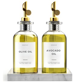 Verspace Olive Oil Dispenser For Kitchen With Silicone Tray & 40 Labels, Soy Sauce Dispenser, Coffee Syrup Dispenser, Olive Oil Bottle, Oil Container Kitchen Set Of 2, Gold 500ml / 17oz