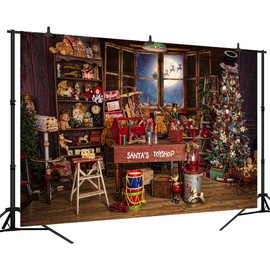 DePhoto Christmas Santa's Toy Shop Photography Backdrop for Party Christmas Tree Gift Snow Window Wood Shed Store Background Family Portrait Seamless Vinyl Photo Props Banner Supplies PGT660C 10x8ft