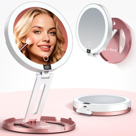 LitBear Travel Mirror with Lights, Foldable Double-Sided 10X/1X Magnifying Mirror, Rechargeable & Portable Lighted Makeup Mirror for Beauty, 3 Color Lighting, Dimmable Touch Screen, Smart Display