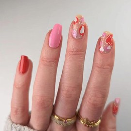 24Pcs Valentine's Day Pink Heart Press on Nails Short Coffin Fake Nails Romantic Love Design Glossy False Nails Full Cover Glue on Nails Valentines Acrylic Stick on Nails for Women Girls Manicure Tips