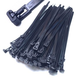 Pack of 100 Cable Ties Resealable 150 mm x 7.6 mm Black Removable Reusable Nylon Reusable UV Stable