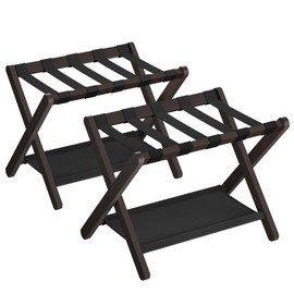 SONGMICS Luggage Rack, Set of 2, Folding Suitcase Stand with Storage Shelf, for Guest Room, Hotel, Bedroom, Heavy-Duty, Holds up to 131 lb, Chestnut Brown URLR007R02