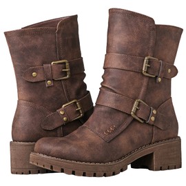 GLOBALWIN Lace up Mid Calf Motorcycle Fashion Festival Boots Combat Riding Military Boots for Women Brown Size 7