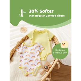 PATPAT Baby Bodysuits Supersoft Bamboo Viscose - Short Sleeve Boys and Girls - Newborn Infant Unisex Clothes - 2 Pack Sunny Rainbow 3-6 Months Yellow
