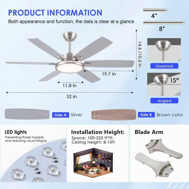 52in Ceiling Fan with Light,Modern Ceiling Fan with Light and