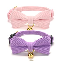 YUDOTE 2 Pack Breakaway Cat Collar with Bow Tie and Bell Adjustable Cute Safety Corduroy Kitten Collar with Removeable Bow,Pink+Purple