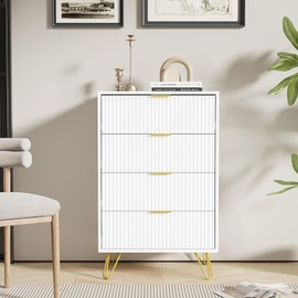 FURNIWAY 4 Drawer Dresser for Bedroom, White Bedroom Dresser with Gold Handles, Tall Chest of Drawers for Kids Room, Small Wood Storage Tower for Living Room, Entryway