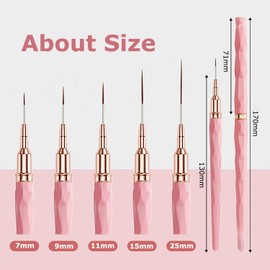 Keepzi Professional Detail Nail Art Paint Liner Brush Set, 5Pcs Small Polish Design Tech Nail Tip Fine Line Striping Brushes, 25/15/11/9/7Mm Skinny Long Bristle Nails Drawing