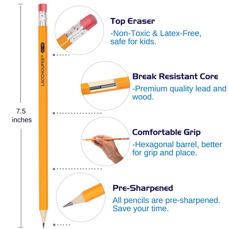 LACCHOUFEE Wood-Cased #2 HB Pencils Bulk, Pre-sharpened with Eraser top,