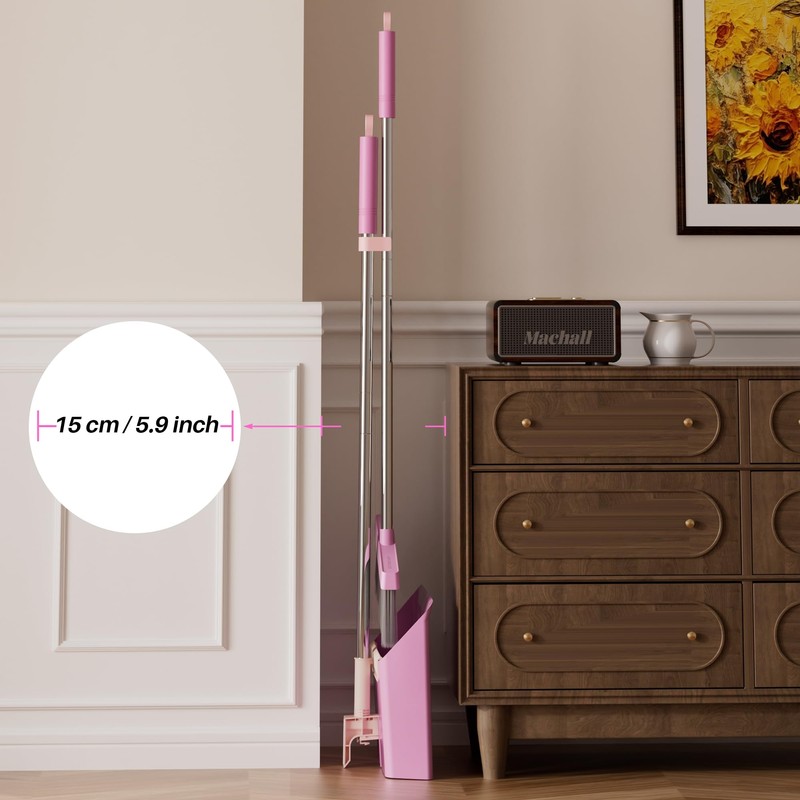 JOYMOOP Pink Broom and Dustpan Set, Upright Angle with Built-in