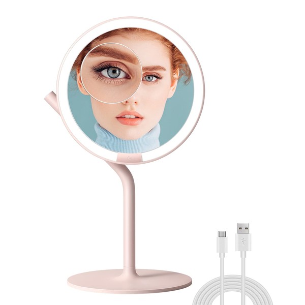 AMIRO Professional 8" LED Lighted Makeup Mirror with 5-Level Brightness, 1X/5X Magnifying Rechargeable Vanity Mirror with Light, Tabletop Cosmetic Light Up Mirror with Touch Control 180°Rotation