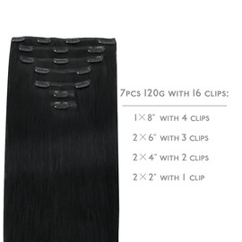 Wennalife Clip-In Human Hair Extensions, 40 cm, 120 g, 7 Pieces, Jet Black Hair Extensions, Clip-In Real Hair, Remy Hair Extensions, Natural Real Hair Extensions