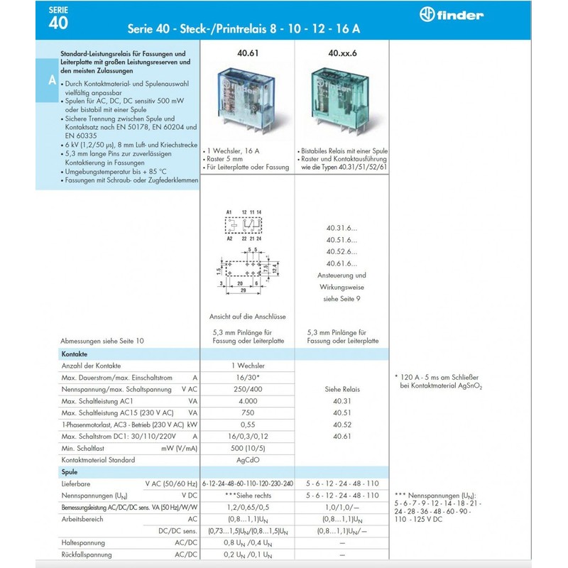 finder 40.52.7.024.0000 Print Relay 24 V/DC 8A 2 Changer Pack
