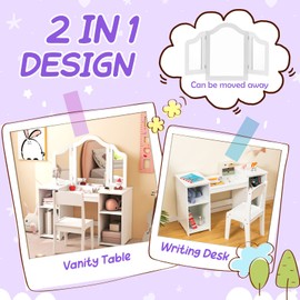 Costzon Kids Vanity, 2 in 1 Princess Makeup Desk & Chair Set with Detachable Tri-Folding Mirror, Storage Shelves, Wooden Toddler Vanity Dressing Table, Pretend Play Vanity Set for Little Girls (White)