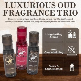 Beverly Hills Polo Club Mens Body Spray Gift Set - 3pc Collection of Oud Fragrances (Vanilla, Leather & Woody) in Sleek 3oz Bottles - Long-Lasting BHPC Cologne Body Sprays for Men