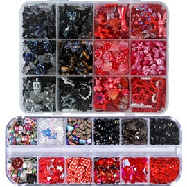 Kikonoke 1400 Pieces 3D Butterfly Rose Flower Bow Rabbit Bear Nail Charms Kit with Nail Art Rhinestones Pearls Crystal Gems Nail Slices for Manicure DIY Crafts Jewelry Accessories (Black Red)