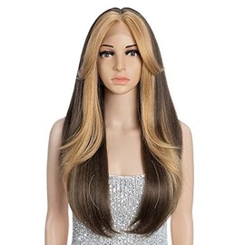 JOEDIR LUX Transparent Lace Front Coloured Wigs Pre Plucked Glueness Wig Long Synthetic Wigs for Women 4 inches Middle Parting Baby Hair Wig Party Date Daily Wear Natural Looking Wig