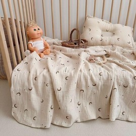 MKXI Nursery Blankets Swaddling Blankets 100% Cotton Lovely Moon Print for Girls Soft Thin Quilt Toddler Blanket Muslin Baby Quilts Lightweight Breathable