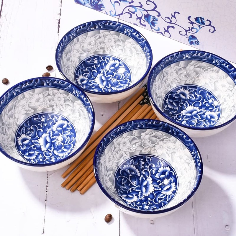 BOSILI Chinese Blue and White Ceramic Rice Bowls and Chopsticks