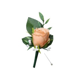 Boutonnieres-Rose Baby Breath Frosted Green Artificial Flower Wedding Graduation Event Flower (Peach)