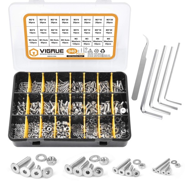 VIGRUE 940-Piece Screw Set, M2 / M3 / M4 /