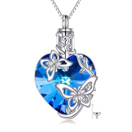 TOUPOP Butterfly Urn Necklaces for Ashes 925 Sterling Silver Butterfly Heart Crystal Urn Cremation Memorial Keepsake Jewelry for Women Birthday Christmas Gifts for Her Women