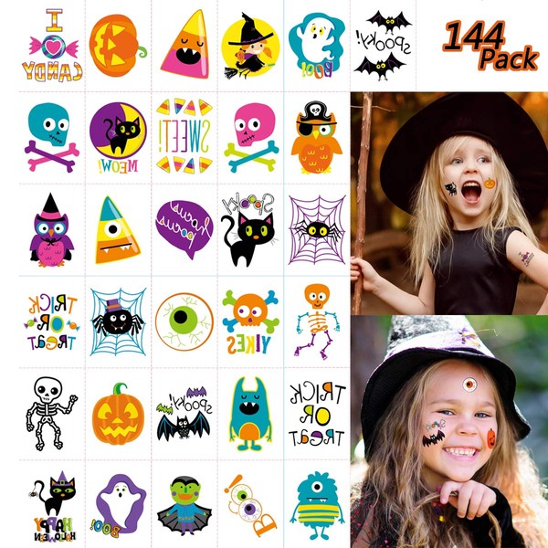 144 PCS Halloween Temporary Tattoos, Waterproof Pumpkin Tattoos Stickers for Kids Children Party Favors, 72 Patterns Multicolor
