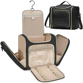 LOKASS Toiletry Bag for Women, Travel Makeup Cosmetic Bag with Hanging Hook for Shampoo Toiletries Full-size Container, Water-resistant Travel Organizer Bag Gift for Women (Large, Blackl)